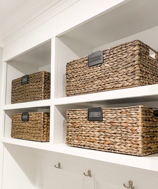 Some wicker storage bins on a mudroom shelf