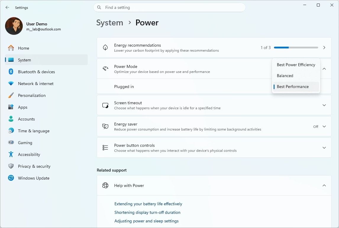 Windows 11 Power Mode settings