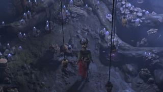 Diablo 4 whispers of the dead - a sorcerer is standing in front of the Tree of Whispers, with heads hanging from ropes all around