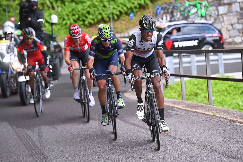 Natnael Berhane, Winner Anacona, Tim Wellens and Darwin Atapuma on the attack during stage 5 at Tour de Suisse