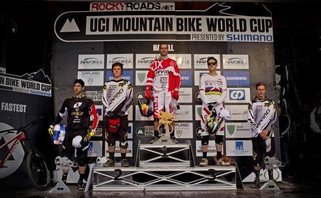 George Brannigan stands in second place on the World Cup podium in Hafjell, Norway