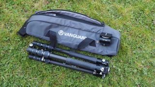 A Vanguard VEO 3T+ 264CB next to its carry bag, one of the best tripods