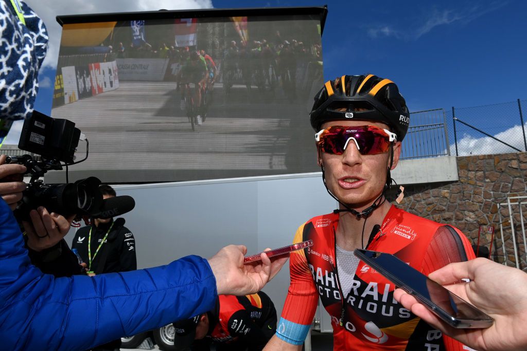 Jack Haig (Bahrain Victorious) attends to the media press after stage 2 at Tour of the Alps 2023 