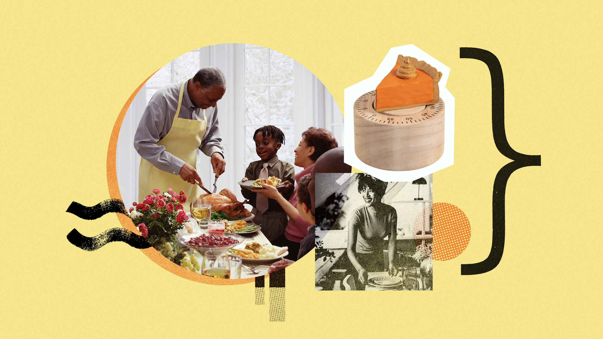 Photo collage of a family around a thanksgiving table, a pumpkin pie timer, and a woman laying the table for dinner