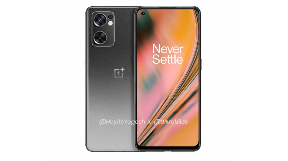 An unofficial render of the OnePlus Nord 2 CE, showing it from both the front and back