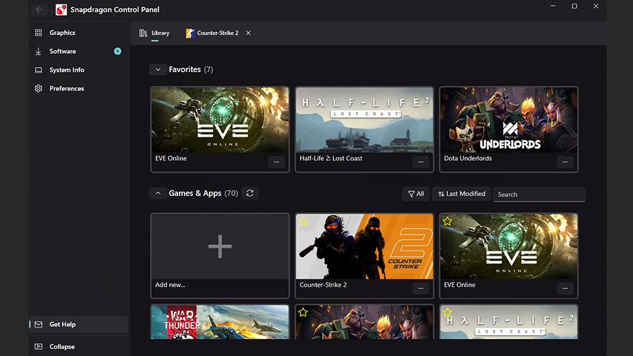 A screenshot of Snapdragon Control Panel on the game library tab.