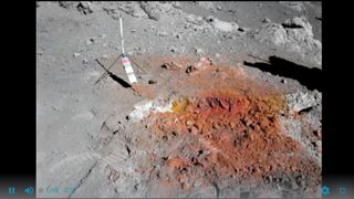 This newly enhanced 1972 picture of orange soil on the moon, made up of volcanic glass beads, was shown at a Universities Space Research Association conference in April 2019. The image is based on observations from Apollo 17 astronaut Harrison Schmitt, who first made the find, in collaboration with colleagues with familiarity in seeking information within picture files. Schmitt said this picture, for the first time, shows how vivid the orange soil was.