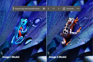 Two images of blue leaves next to each other, each with a different colored AI generated frog