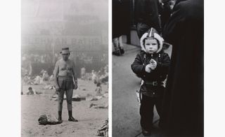 Man in hat, trunks, socks and shoes, Kid in a hooded jacket aiming a gun