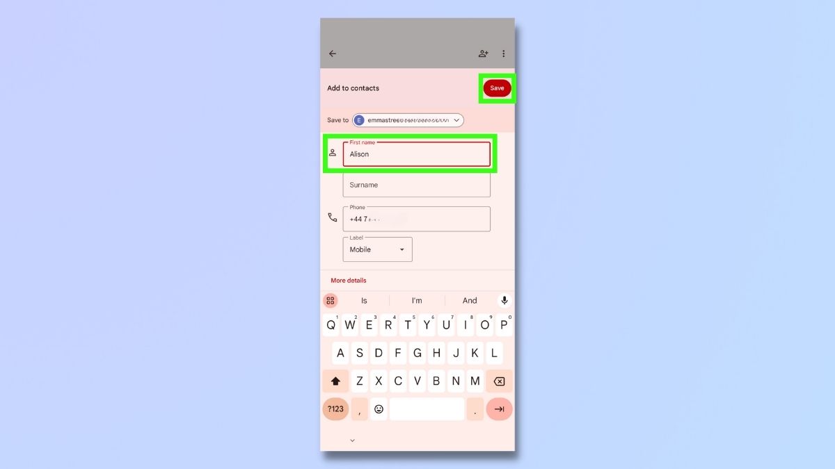 Screenshot showing how to save a contact from a message on an Android phone