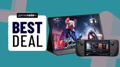 KYY portable monitor next to Steam Deck and GamesRadar+ Best Deals badge with teal backdrop