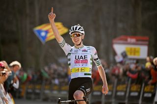 Tadej Pogačar (UAE Team Emirates) celebrates the third of four stage victories during his dominant Volta a Catalunya victory