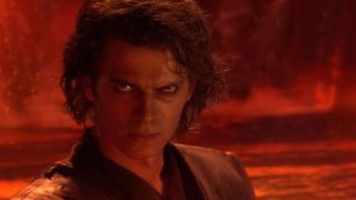 Anakin Skywalker looks sinister while bathed in red.