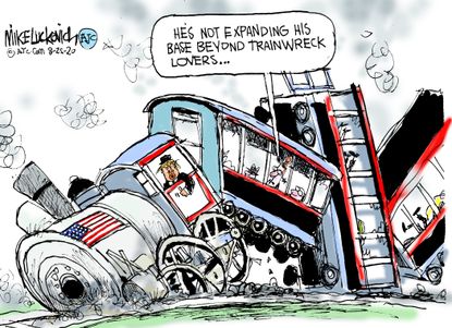 Political Cartoon U.S. Trump 2020 trainwreck base