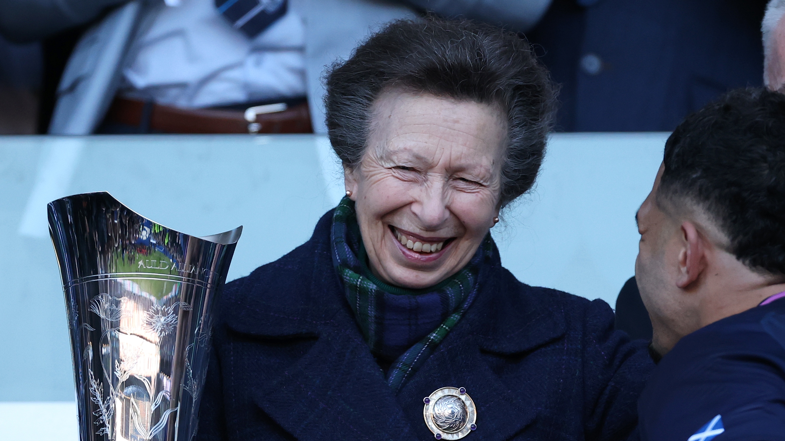 Scotland captain Sione Tuipulotu shakes hands with Princess Anne after the Guinness Six Nations 2026 match between Scotland and France at Scottish Gas Murrayfield on March 07, 2026
