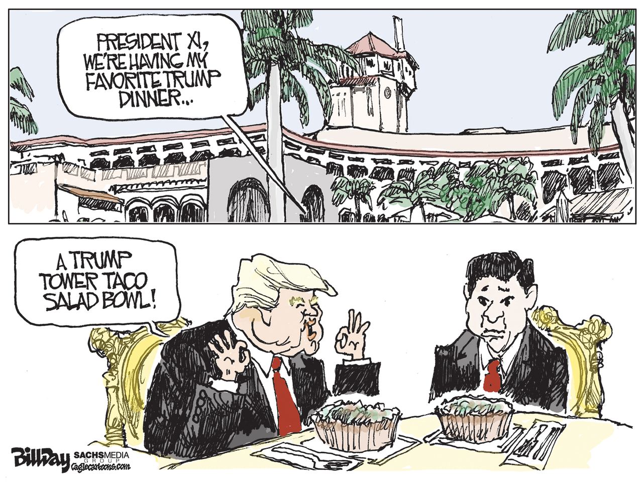 Political Cartoon U.S. Trump Mar a Lago China Xi Trump Tower