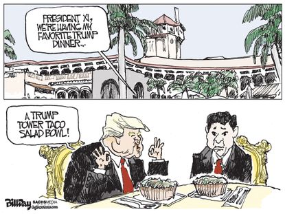 Political Cartoon U.S. Trump Mar a Lago China Xi Trump Tower