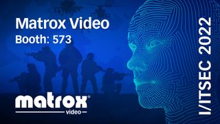 A digitized blue pixel face in front of soldiers training with Matrox Video simulations and solutions.