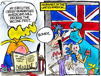 Political Cartoon U.S. Trump vaccine United Kingdom