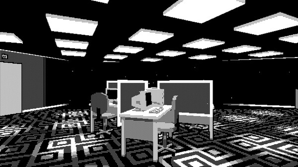 A scene from a black-and-white pixelated 3D video game inspired by Severance called Pager