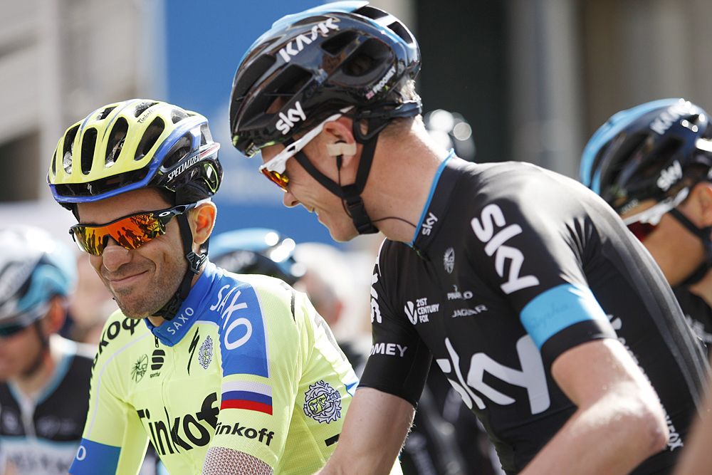 Alberto Contador (Tinkoff-Saxo) and Chris Froome (Team Sky) on the stage 7 start line