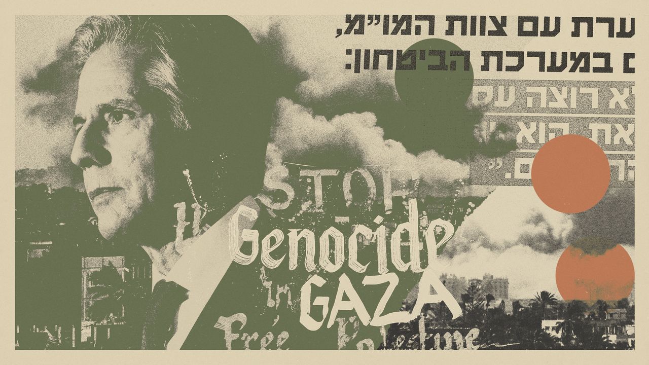 Illustration of Antony Blinken, scenes of destruction in Gaza and demonstrator signs 