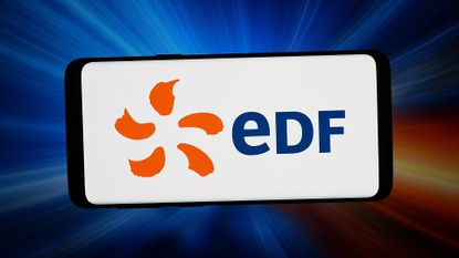 The EDF logo shown on a smartphone in front of an abstract background of beams of light.