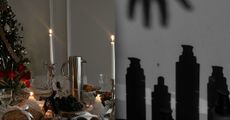 A split image of a holiday tablescape and shadows of skincare bottles cast on the wall.