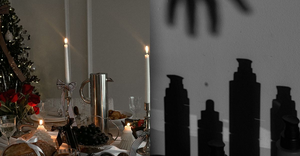 A split image of a holiday tablescape and shadows of skincare bottles cast on the wall.