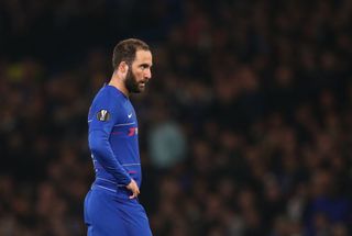 Gonzalo Higuain of Chelsea during the UEFA Europa League Semi Final Second Leg match between Chelsea and Eintracht Frankfurt at Stamford Bridge on May 09, 2019 in London, England.