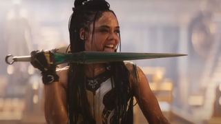 Tessa Thompson licking her dagger in Thor: Love and Thunder