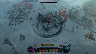 A Diablo 4 screenshot showing a necromancer surrounded by their active Bone Storm ability, in a snowy field littered with corpses and blood orbs.