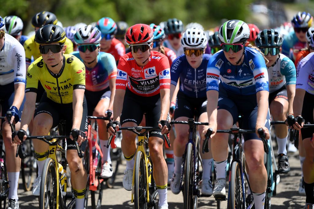 JACA SPAIN MAY 02 LR Eva Van Agt of The Netherlands and Marianne Vos of The Netherlands and Team Visma Lease a Bike Red Leader Jersey compete during the 10th La Vuelta Femenina 2024 Stage 5 a 1139km stage from Huesca to Alto del Fuerte Rapitan Jaca 1103m UCIWWT on May 02 2024 in Jaca Spain Photo by Alex BroadwayGetty Images