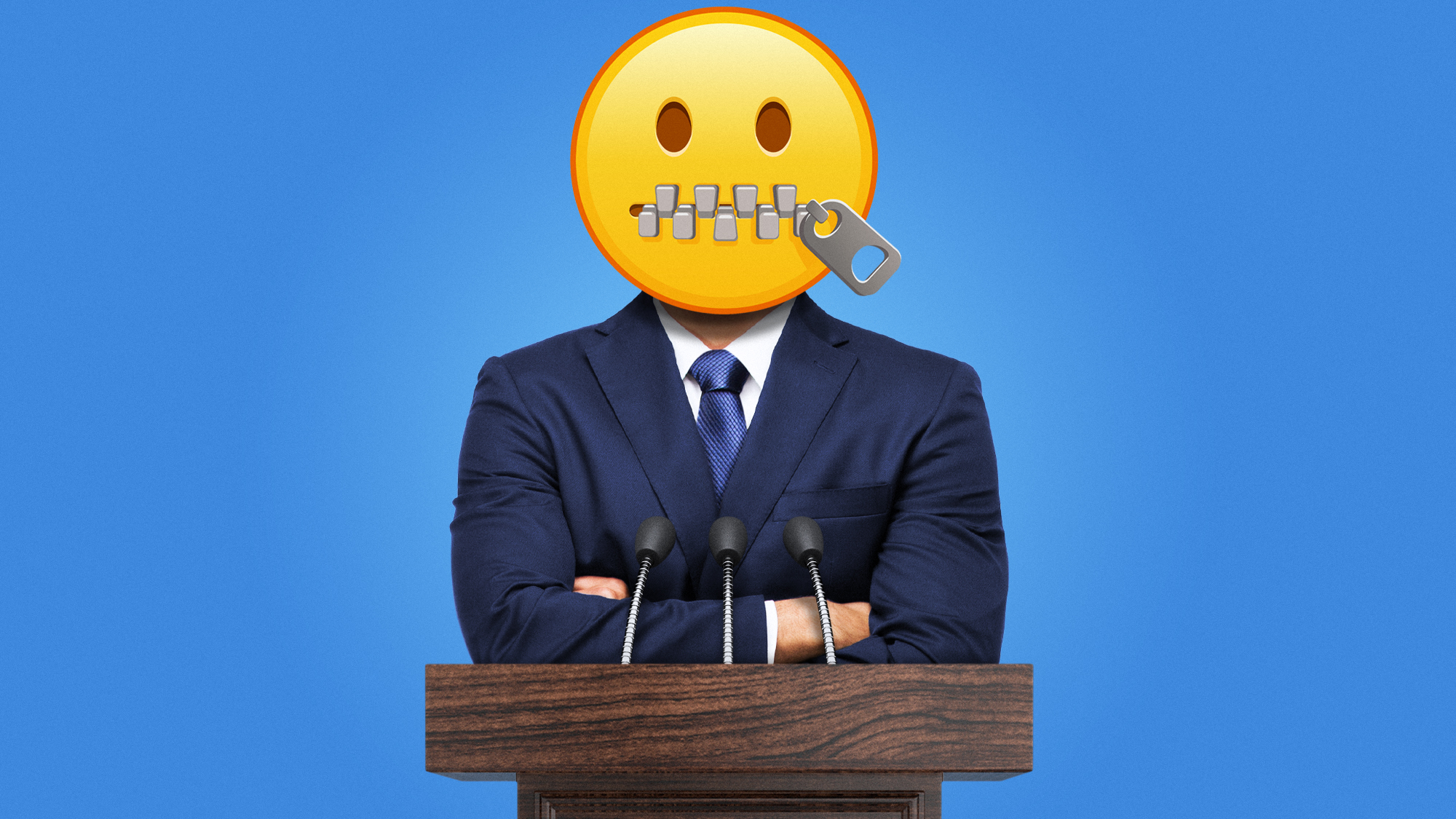 Illustration of a politician standing at a podium with crossed arms and a zipper mouth emoji for a head
