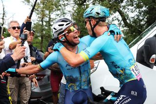 SAINT VULBAS FRANCE JULY 03 Stage winner Mark Cavendish of The United Kingdom and Astana Qazaqstan Team L celebrates with his teammate Cees Bol of Netherlands during the 111th Tour de France 2024 Stage 5 a 1774km stage from SaintJeandeMaurienne to Saint Vulbas UCIWT on July 03 2024 in Saint Vulbas France Photo by Thomas Samson PoolGetty Images