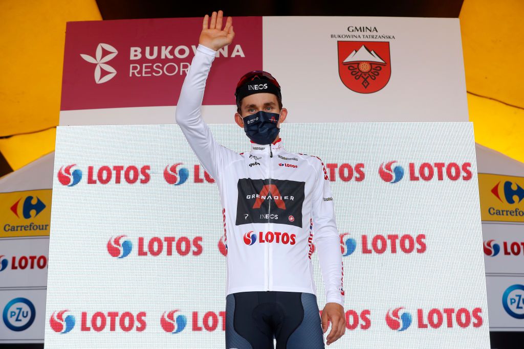 BUKOVINA RESORT POLAND AUGUST 12 Michal Kwiatkowski of Poland and Team INEOS Grenadiers White Sprint Jersey celebrates at Podium during the 78th Tour de Pologne 2021 Stage 4 a 160km stage from Azoty Group Tarnw to Bukovina Resort 924m TourdePologne TDP2021 UCIWT on August 12 2021 in Bukovina Resort Poland Photo by Bas CzerwinskiGetty Images