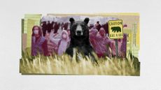 Photo collage of a bear looking at the camera from behind tall grass. Behind it, there it a collage of crowds of people, and a "caution - bears in the area" sign.