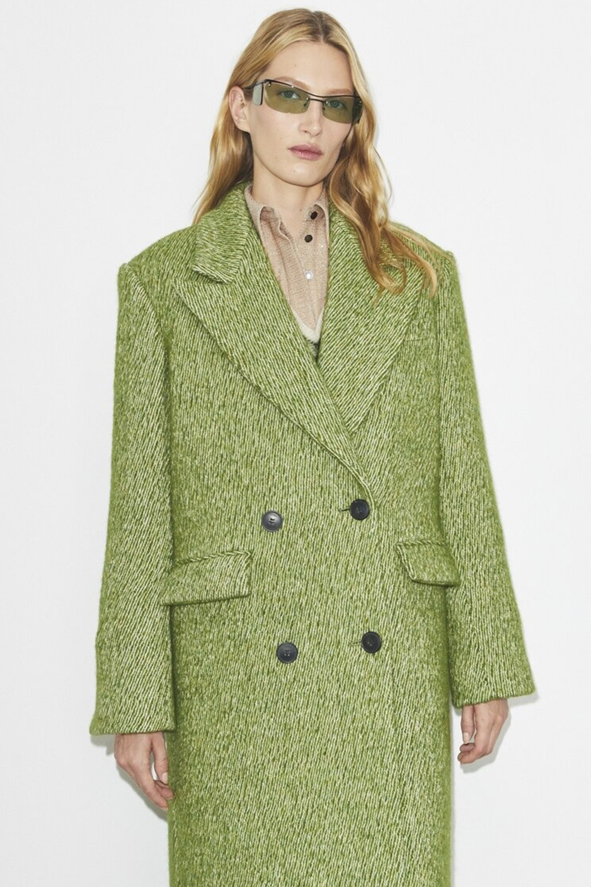 Oversized Twill Coat in Green, Size Xs