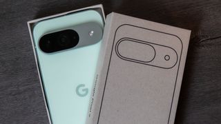 The Google Pixel 9 in its retail box