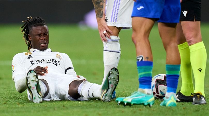 Real Madrid midfielder Eduardo Camavinga in pain after suffering an injury against Getafe in LaLiga in May 2023. 