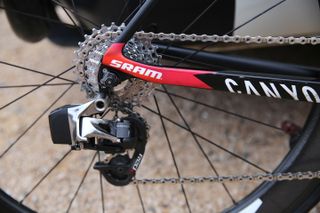 A Sram Red eTap derailleur mounted to a canyon bike