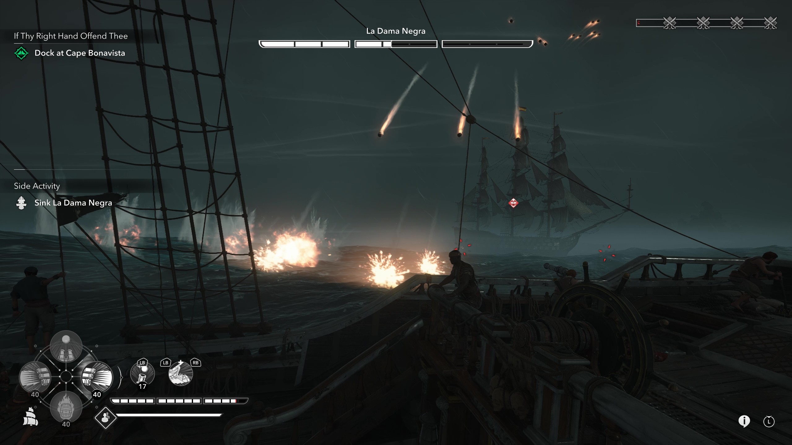 Gameplay of naval combat against La Dama Negra, raining firing cannonballs down.