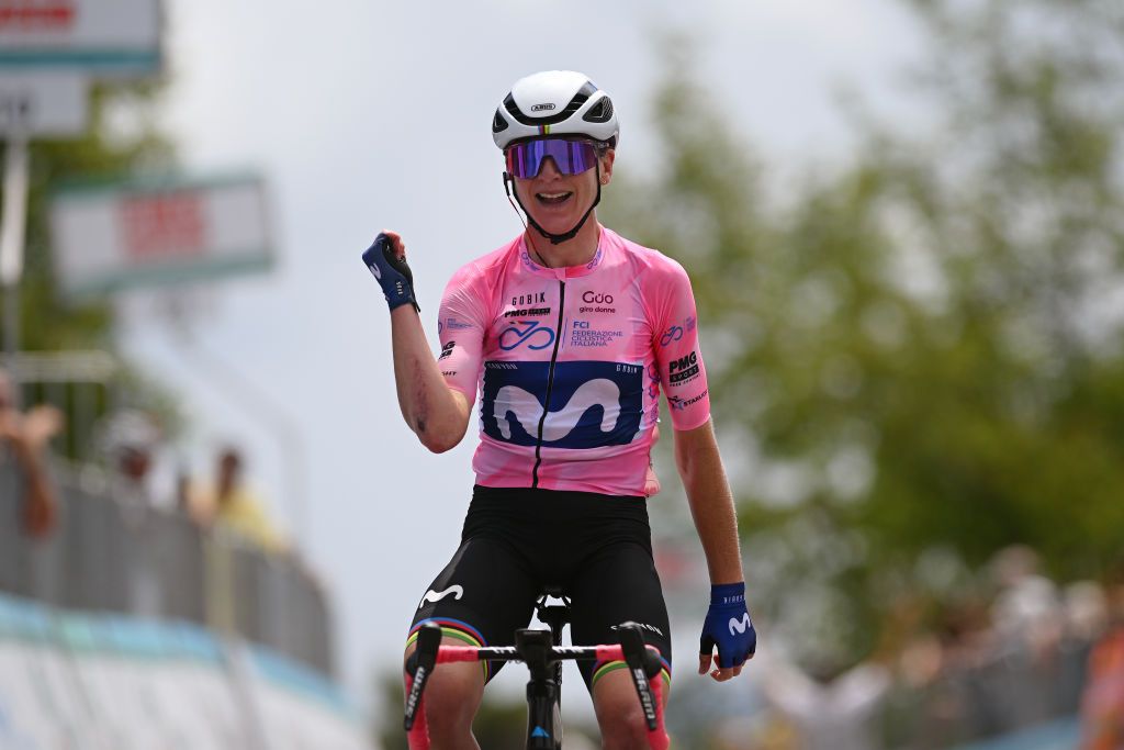 ALASSIO ITALY JULY 06 Annemiek Van Vleuten of The Netherlands and Movistar Team Pink Leader Jersey celebrates at finish line as stage winner during the 34th Giro dItalia Donne 2023 Stage 7 a 1091km stage from Albenga to Alassio Santuario della Guardia 551m UCIWWT on July 06 2023 in Alassio Italy Photo by Dario BelingheriGetty Images
