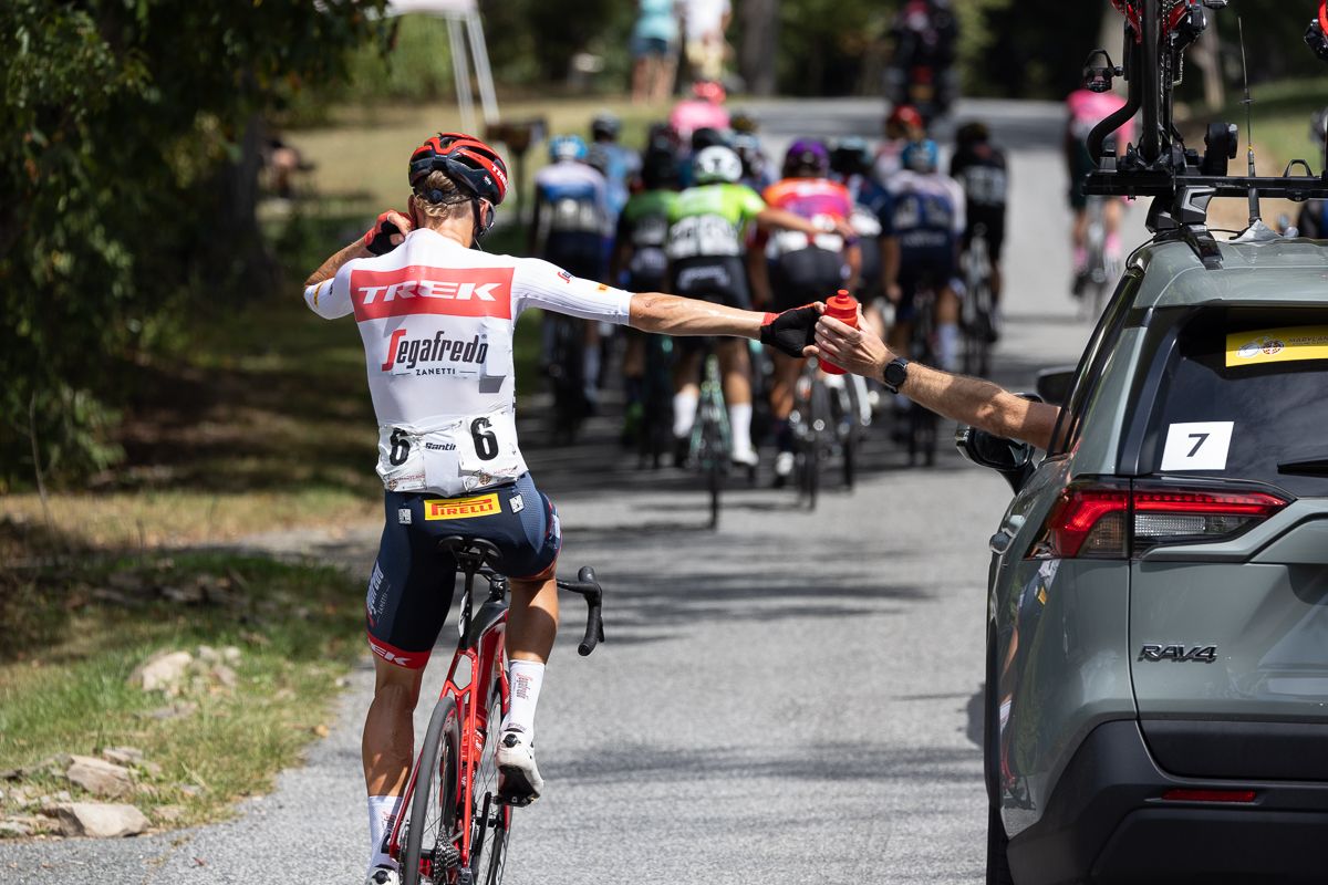 Toms Skujins (Trek Segafredo) went back to the team car for bottles for teammates in the break. Temperatures soared to 103F (39.4C) as the riders made their way around Prettyboy Reservoir.
