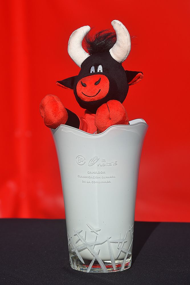 The Vuelta mascot takes a dip in a vase.