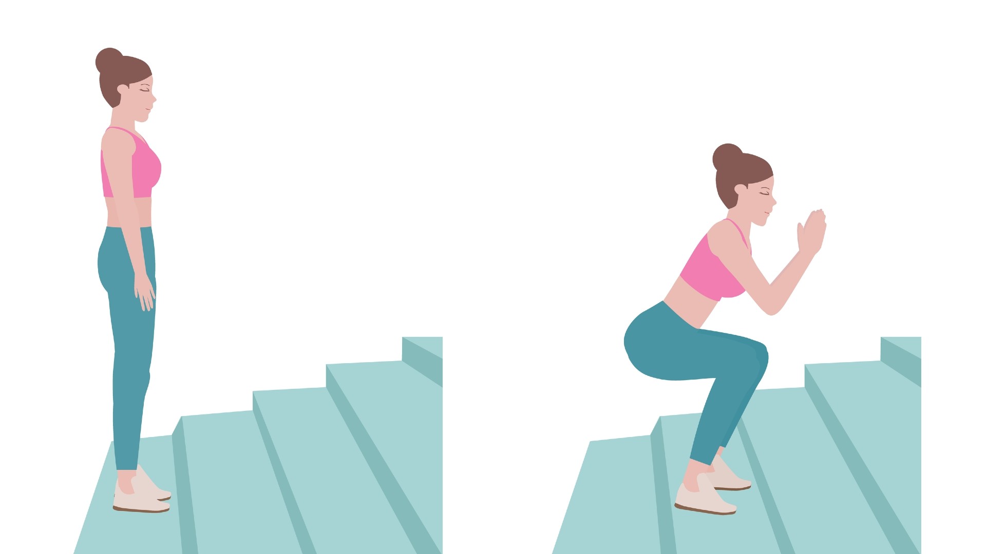 Vector mujer realizando salto en cuclillas en las escaleras