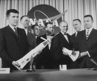 NASA's Mercury astronauts at the 1959 press conference announcing their selection to the world.