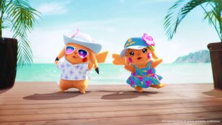 Screenshot from Pokemon Winds and Waves' reveal trailer, showing two tanned Pikachus dressed in holiday outfits while standing in front of a lush ocean.