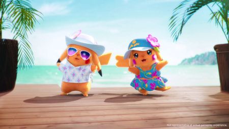 Screenshot from Pokemon Winds and Waves' reveal trailer, showing two tanned Pikachus dressed in holiday outfits while standing in front of a lush ocean.
