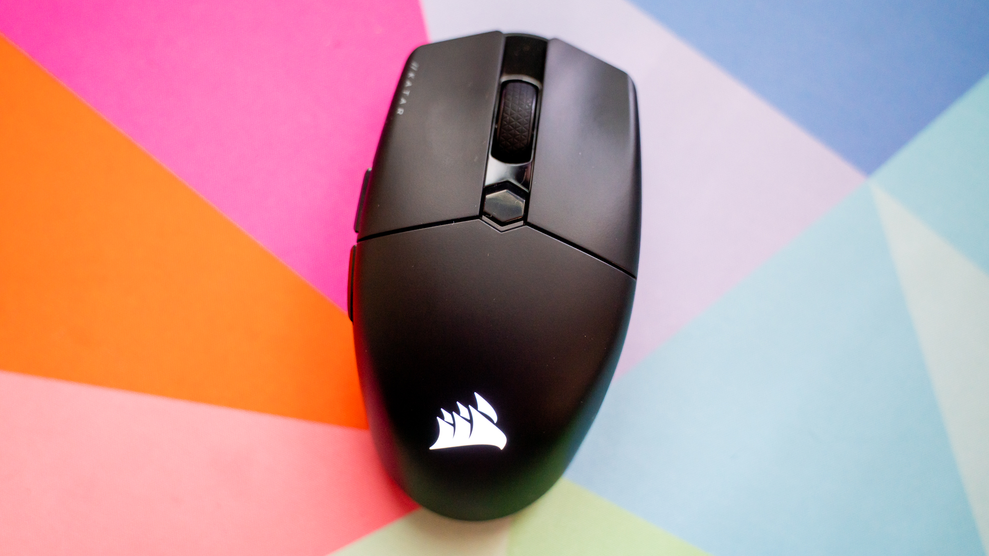 Corsair Katar Elite Wireless on a colorful mouse pad